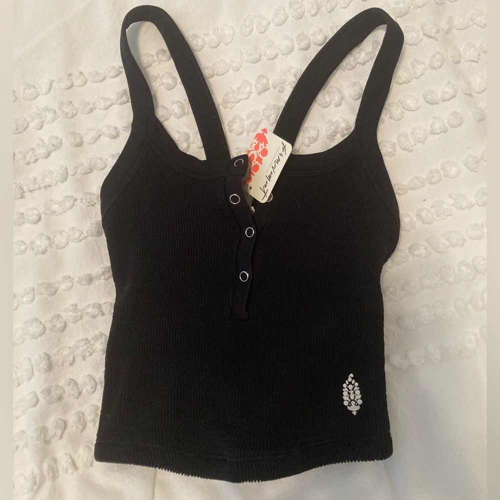 NWT Free People Black Ribbed Racerback Henley Tank Top Snap Buttons XS/S $40